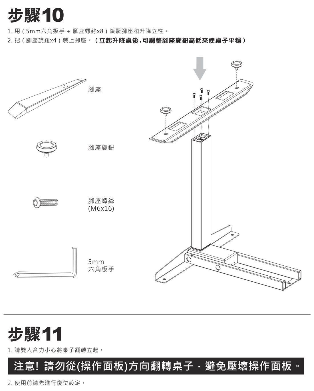 KGT01 說明書步驟 10 與 11:鎖腳座、裝腳座旋鈕,雙人翻轉立起,勿從操作面板方向翻轉