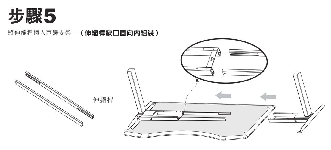 KGT01 說明書步驟 5:伸縮桿插入兩邊支架,缺口面向內